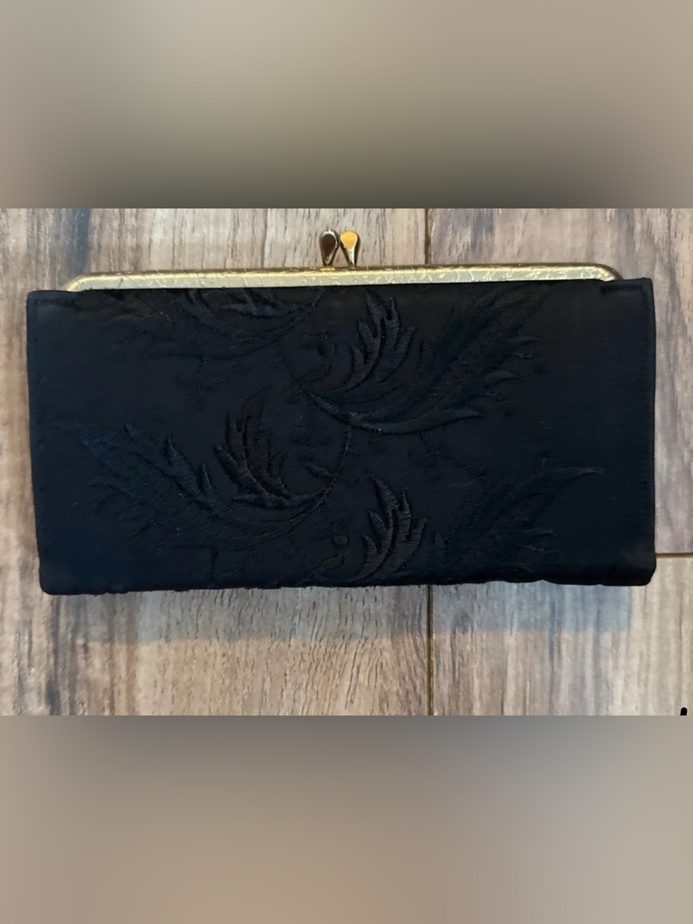 Vintage Iridescent Black Cowhide Leather Wallet with Gold Trim 1960s 1970s